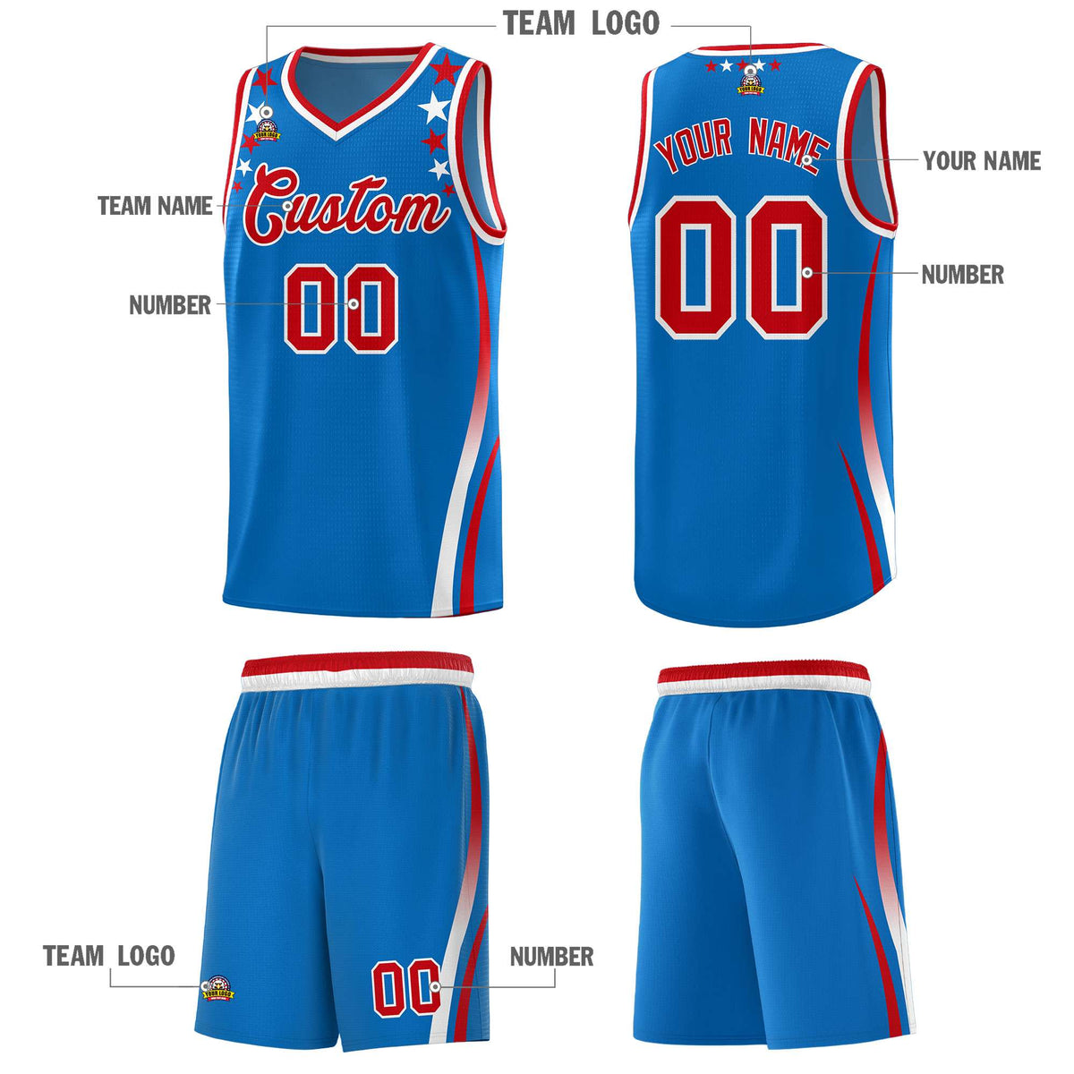 Custom Royal Shoulders Star Pattern Side Color Block Sports Uniform Basketball Kits