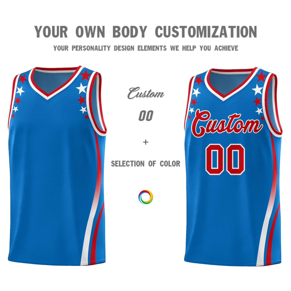 Custom Royal Shoulders Star Pattern Side Color Block Sports Uniform Basketball Kits