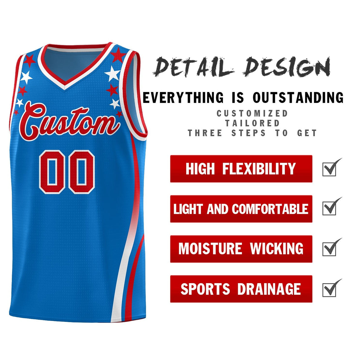 Custom Royal Shoulders Star Pattern Side Color Block Sports Uniform Basketball Kits