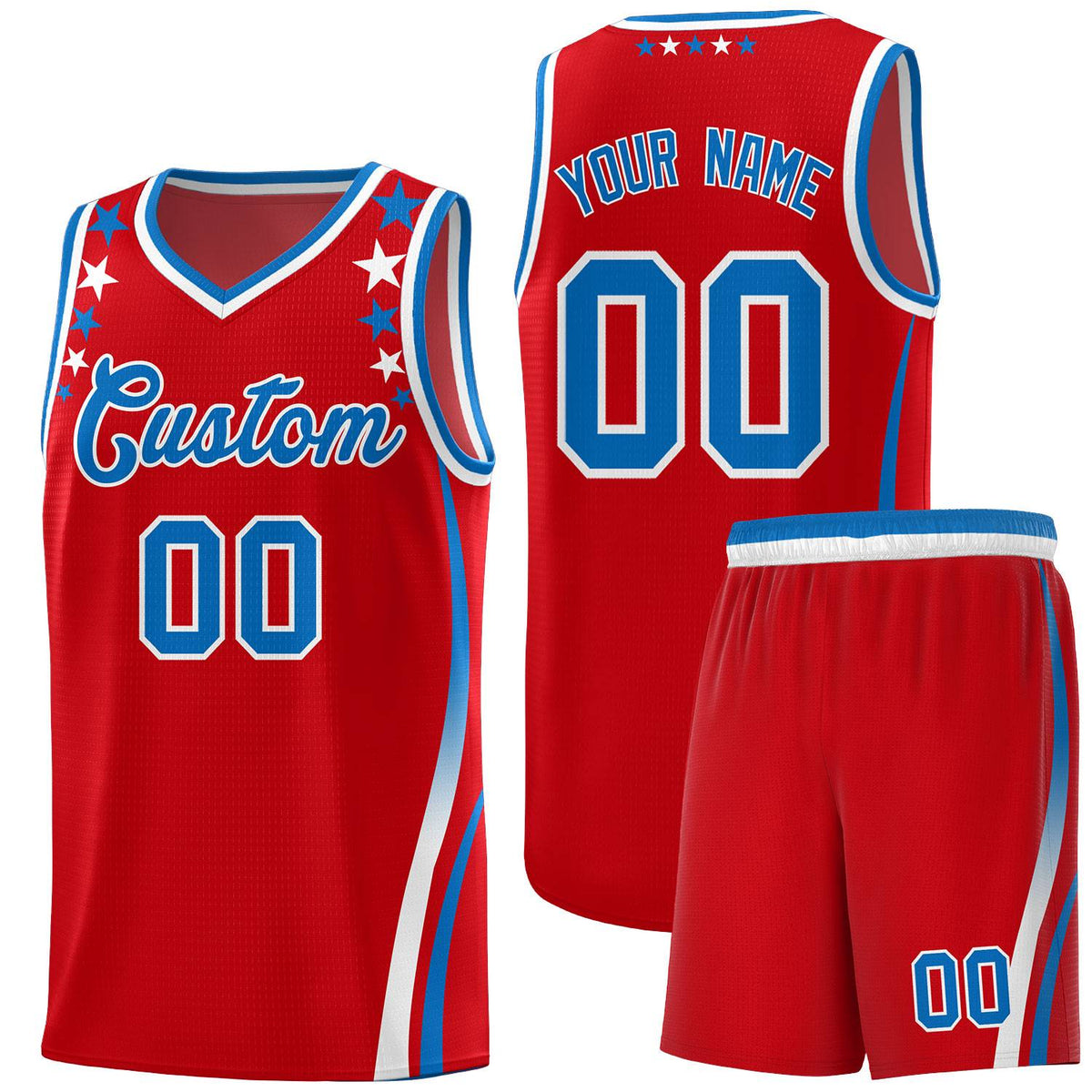 Custom Red Shoulders Star Pattern Side Color Block Sports Uniform Basketball Kits