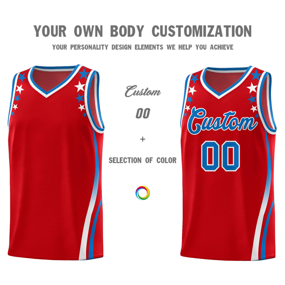 Custom Red Shoulders Star Pattern Side Color Block Sports Uniform Basketball Kits