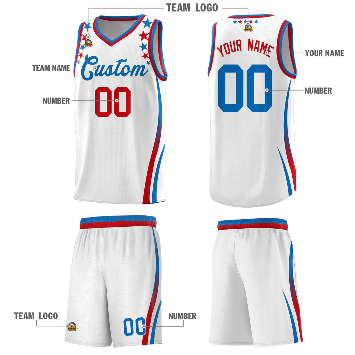 Custom White Shoulders Star Pattern Side Color Block Sports Uniform Basketball Kits