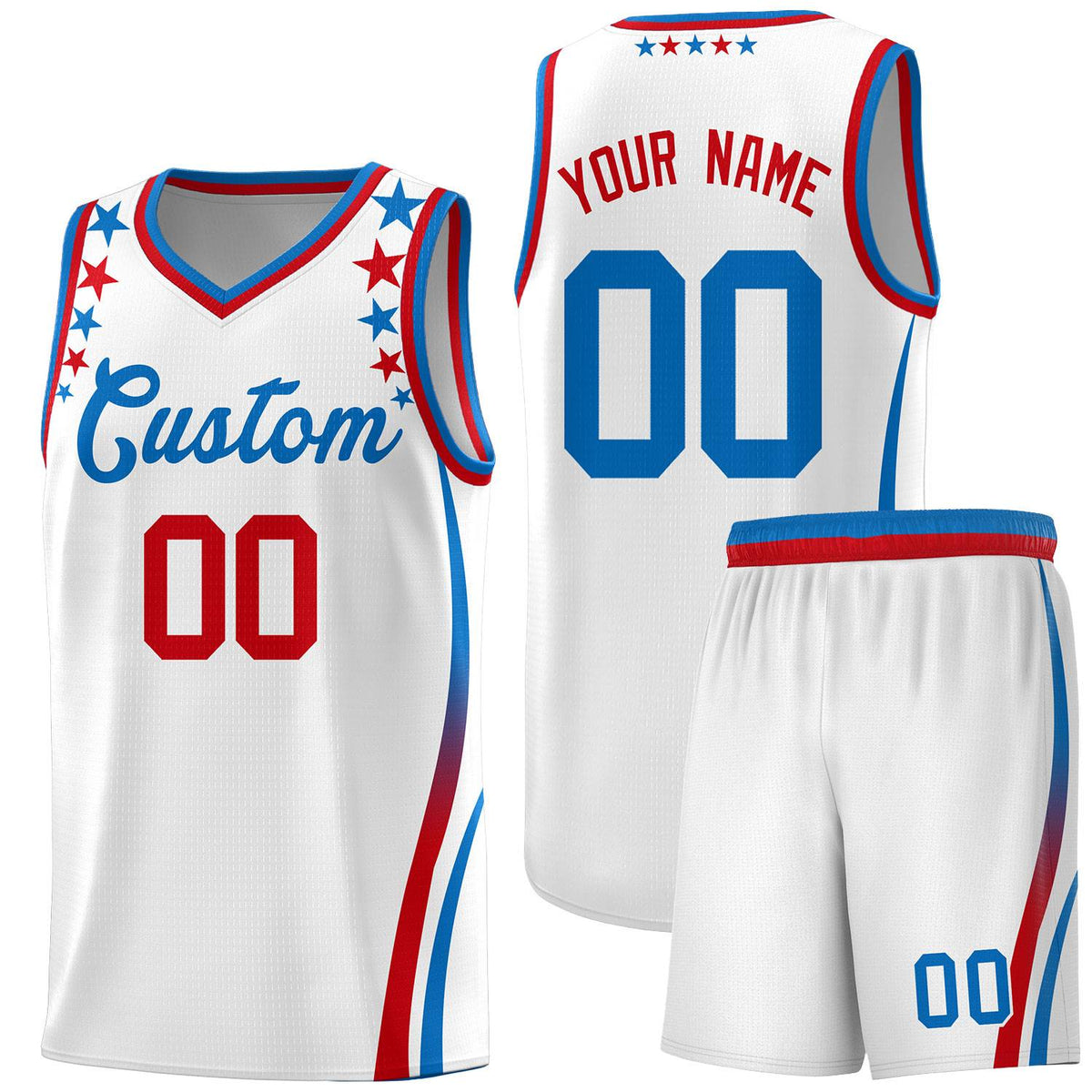 Custom White Shoulders Star Pattern Side Color Block Sports Uniform Basketball Kits