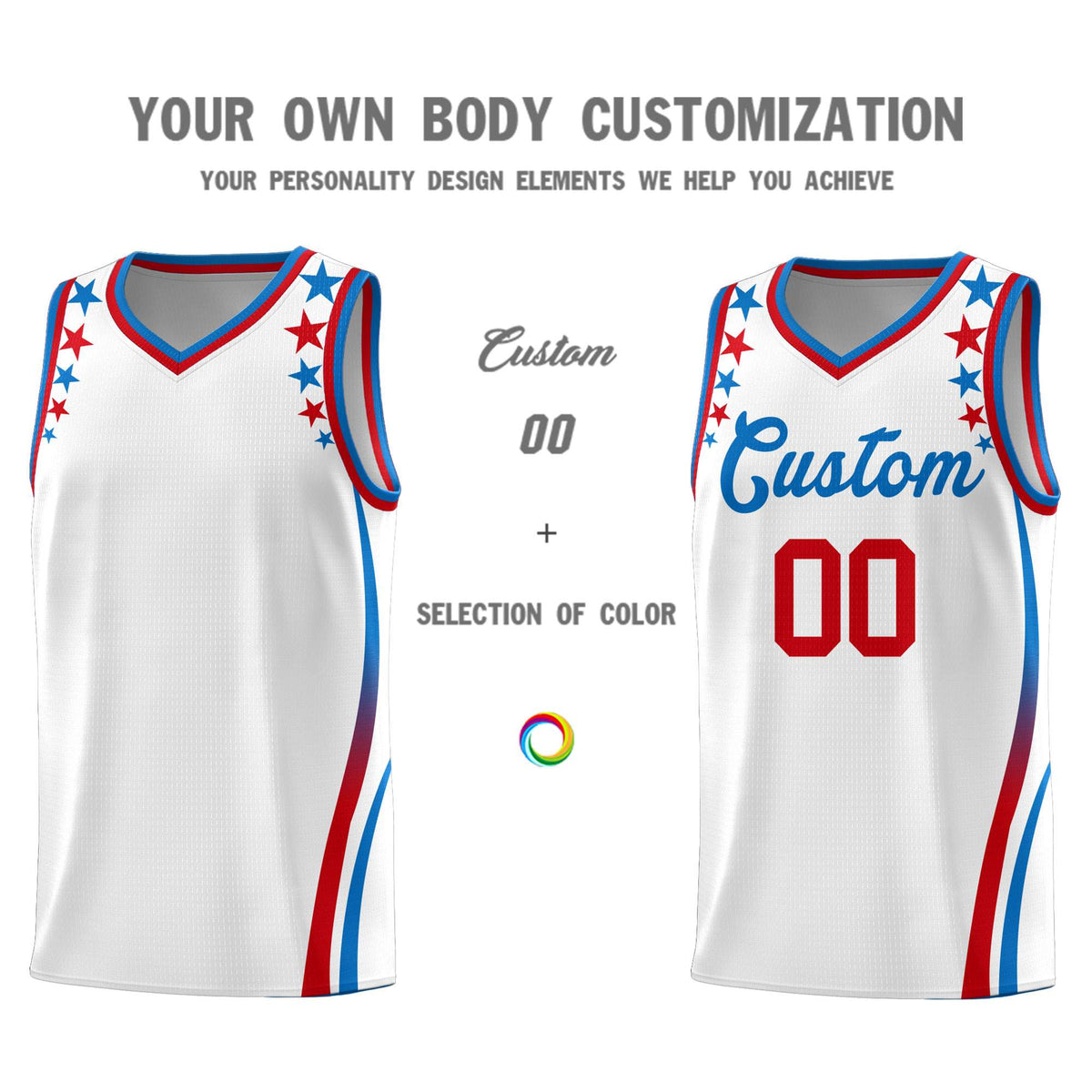 Custom White Shoulders Star Pattern Side Color Block Sports Uniform Basketball Kits