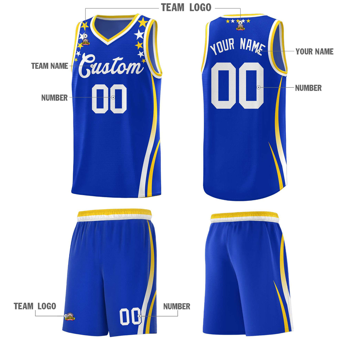 Custom Royal Shoulders Star Pattern Side Color Block Sports Uniform Basketball Kits