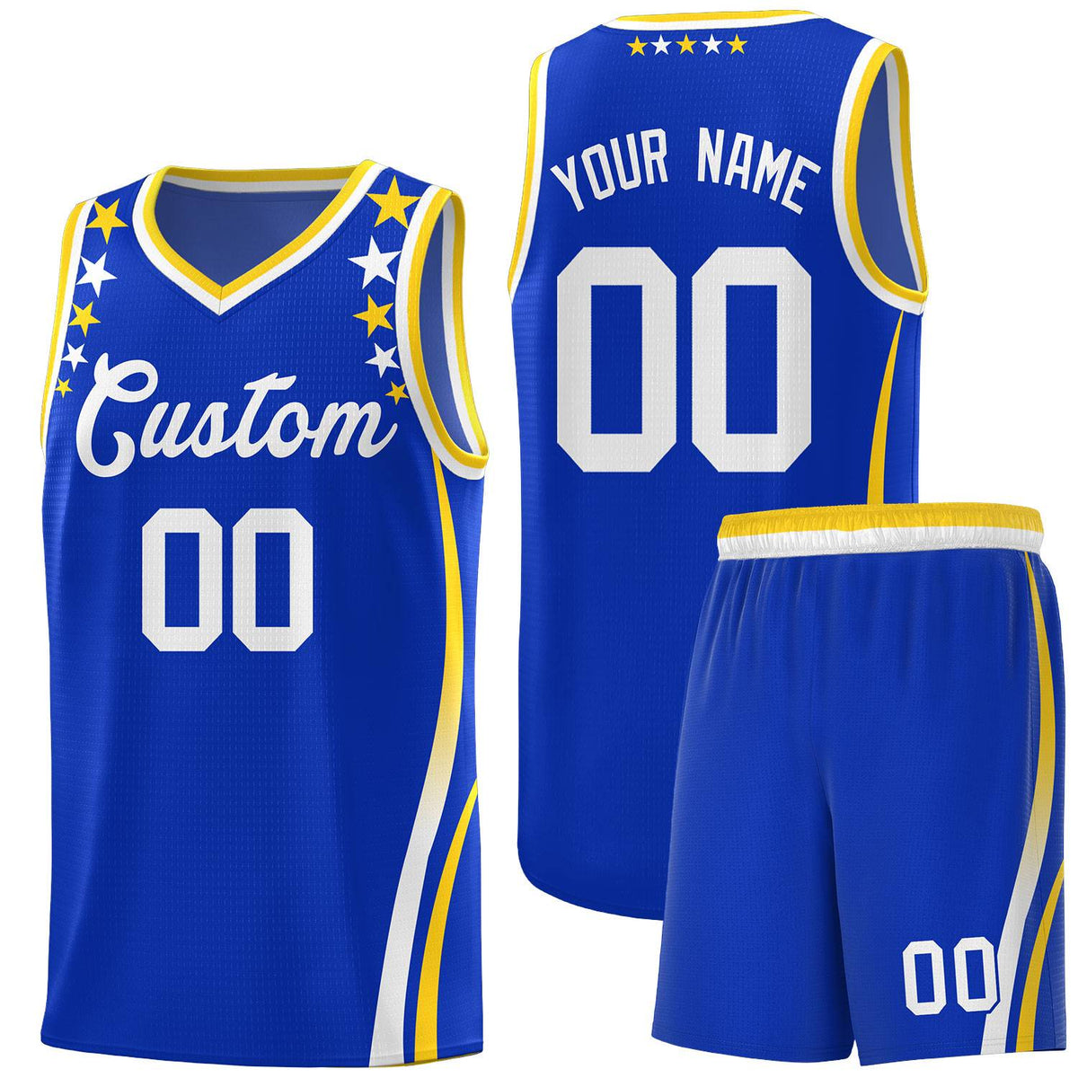 Custom Royal Shoulders Star Pattern Side Color Block Sports Uniform Basketball Kits