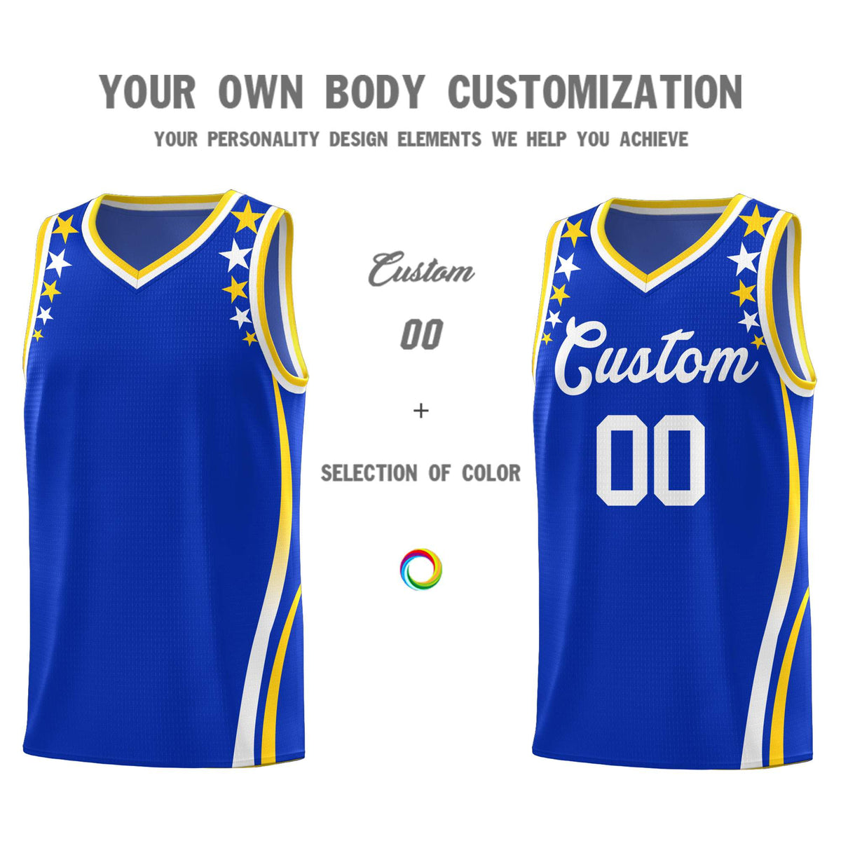Custom Royal Shoulders Star Pattern Side Color Block Sports Uniform Basketball Kits