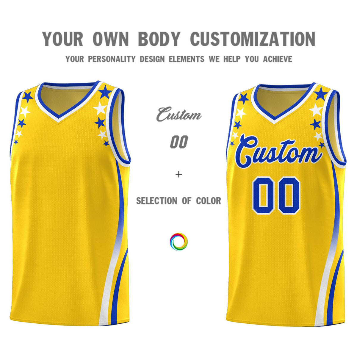 Custom Gold Shoulders Star Pattern Side Color Block Sports Uniform Basketball Kits