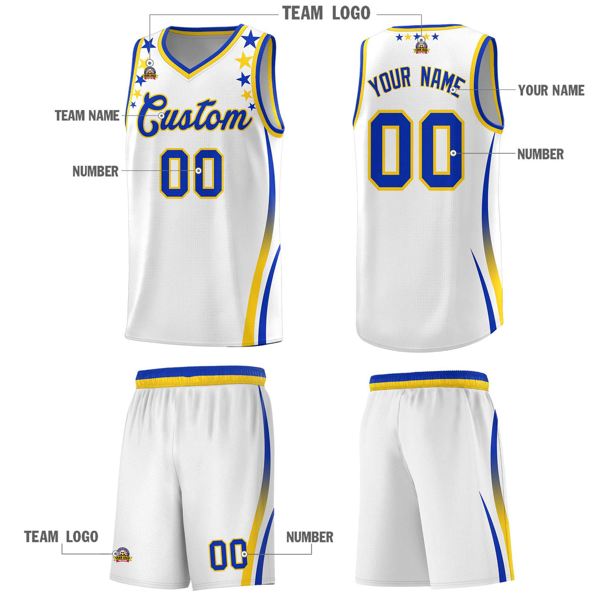 Custom White Shoulders Star Pattern Side Color Block Sports Uniform Basketball Kits