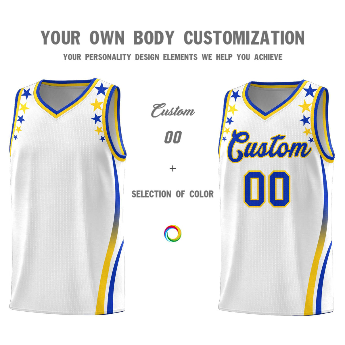 Custom White Shoulders Star Pattern Side Color Block Sports Uniform Basketball Kits