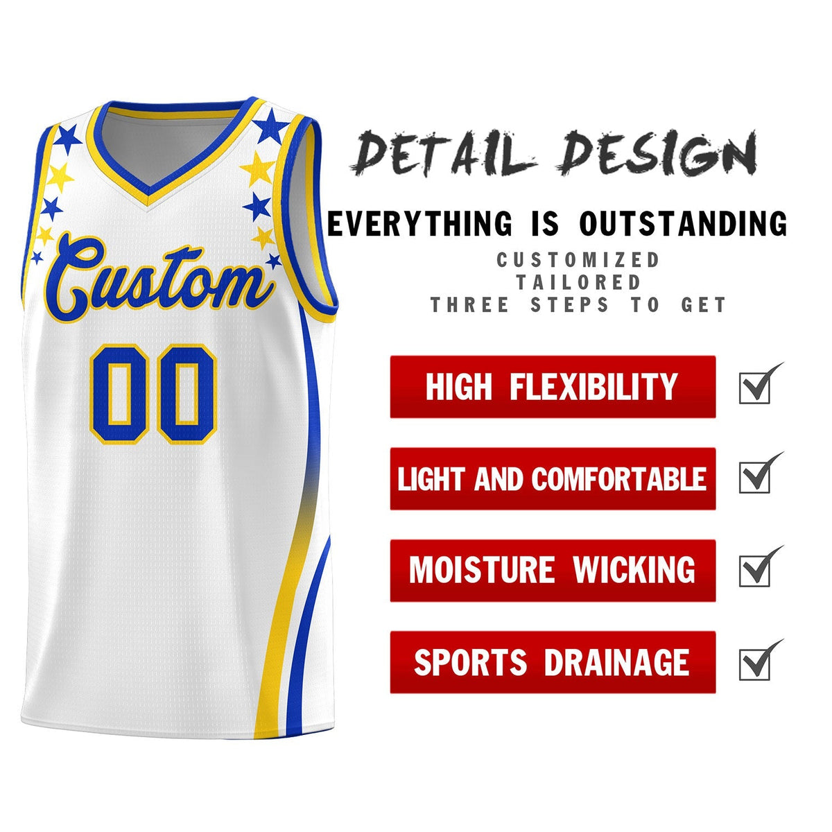 Custom White Shoulders Star Pattern Side Color Block Sports Uniform Basketball Kits