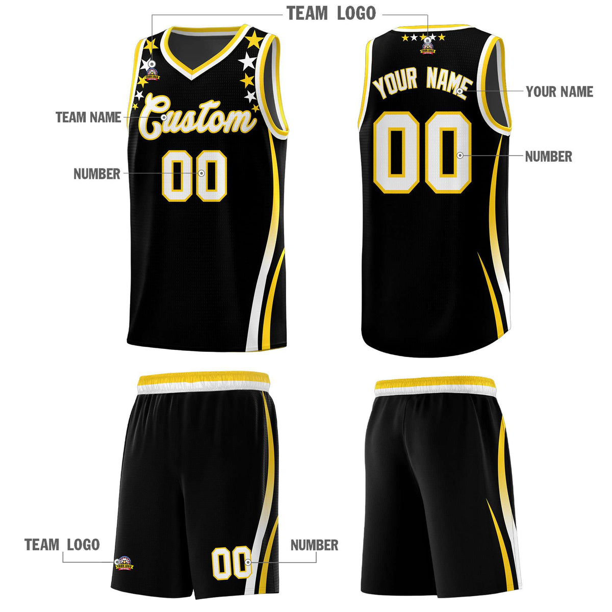 Custom Black Shoulders Star Pattern Side Color Block Sports Uniform Basketball Kits
