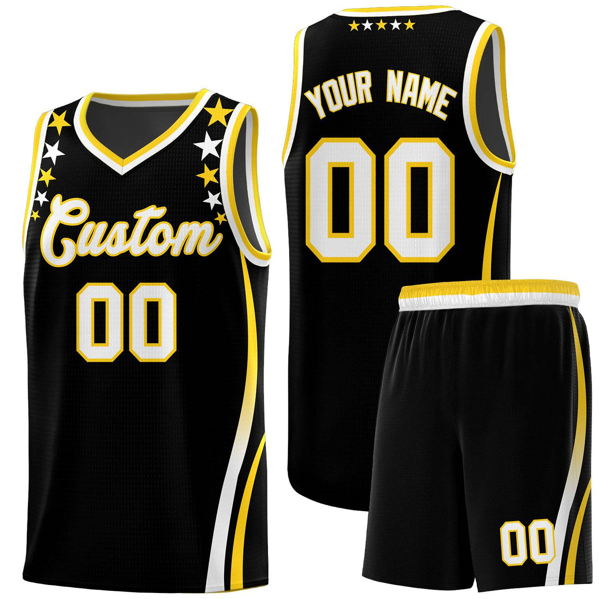 Custom Black Shoulders Star Pattern Side Color Block Sports Uniform Basketball Kits