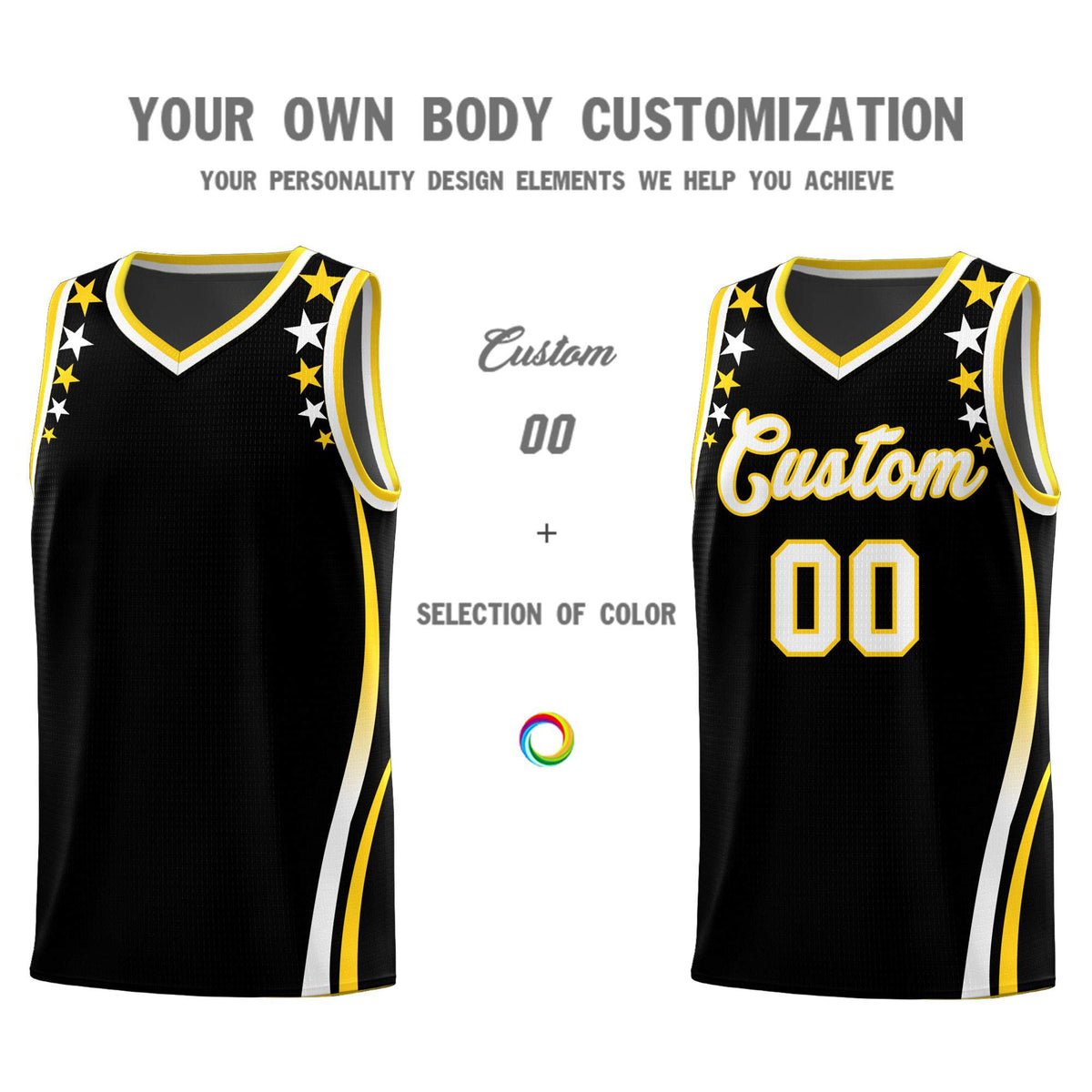 Custom Black Shoulders Star Pattern Side Color Block Sports Uniform Basketball Kits
