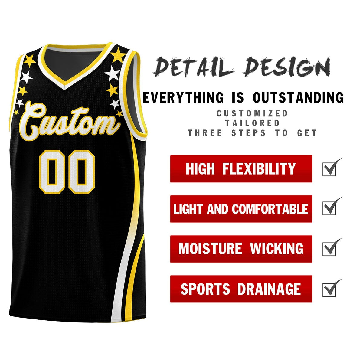 Custom Black Shoulders Star Pattern Side Color Block Sports Uniform Basketball Kits
