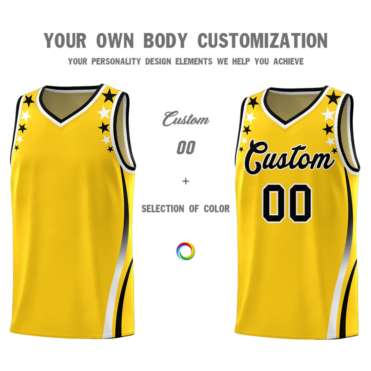 Custom Gold Shoulders Star Pattern Side Color Block Sports Uniform Basketball Kits