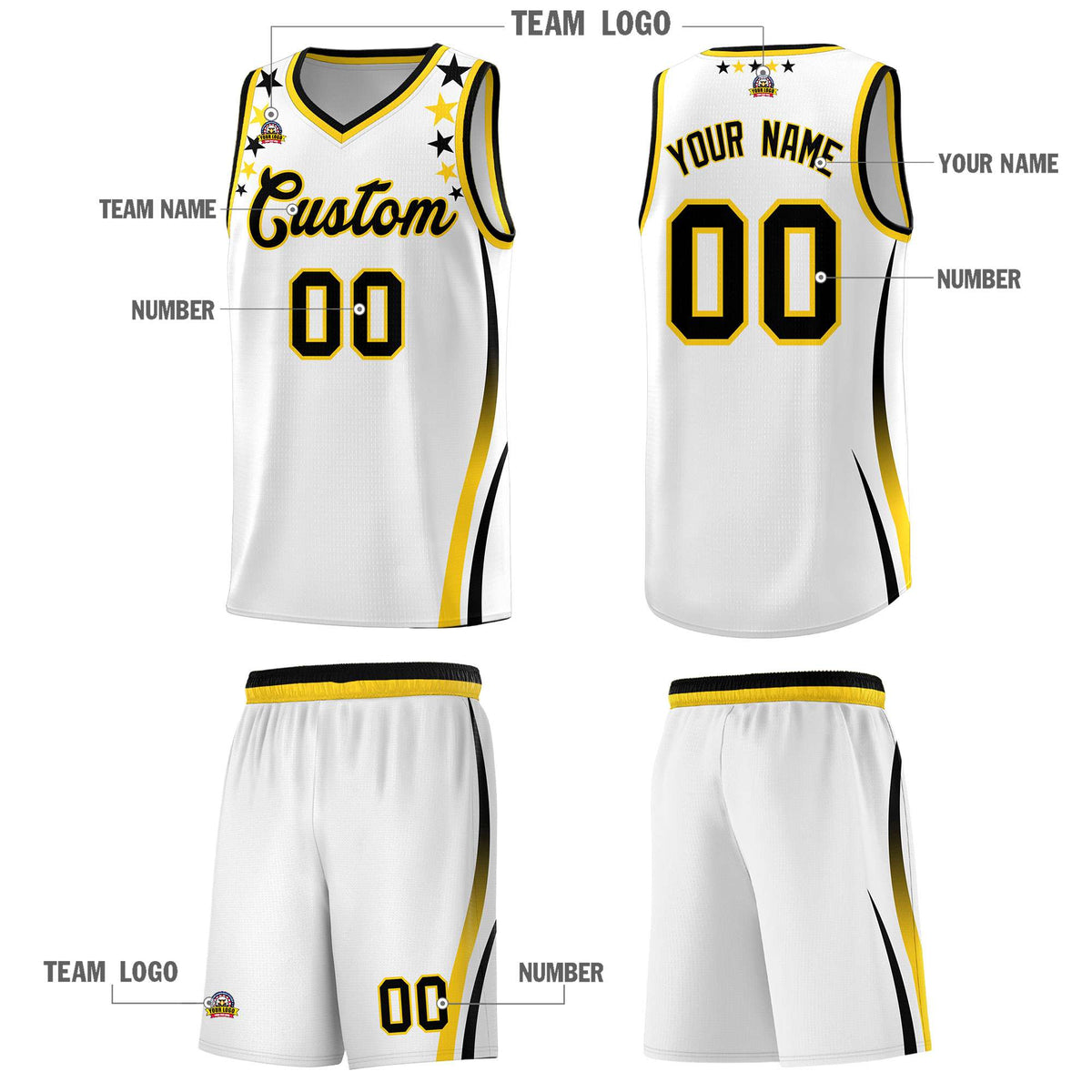 Custom White Shoulders Star Pattern Side Color Block Sports Uniform Basketball Kits