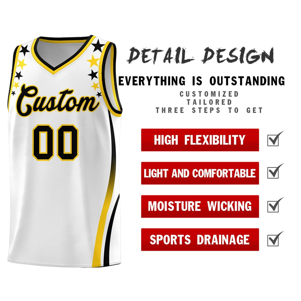 Custom White Shoulders Star Pattern Side Color Block Sports Uniform Basketball Kits