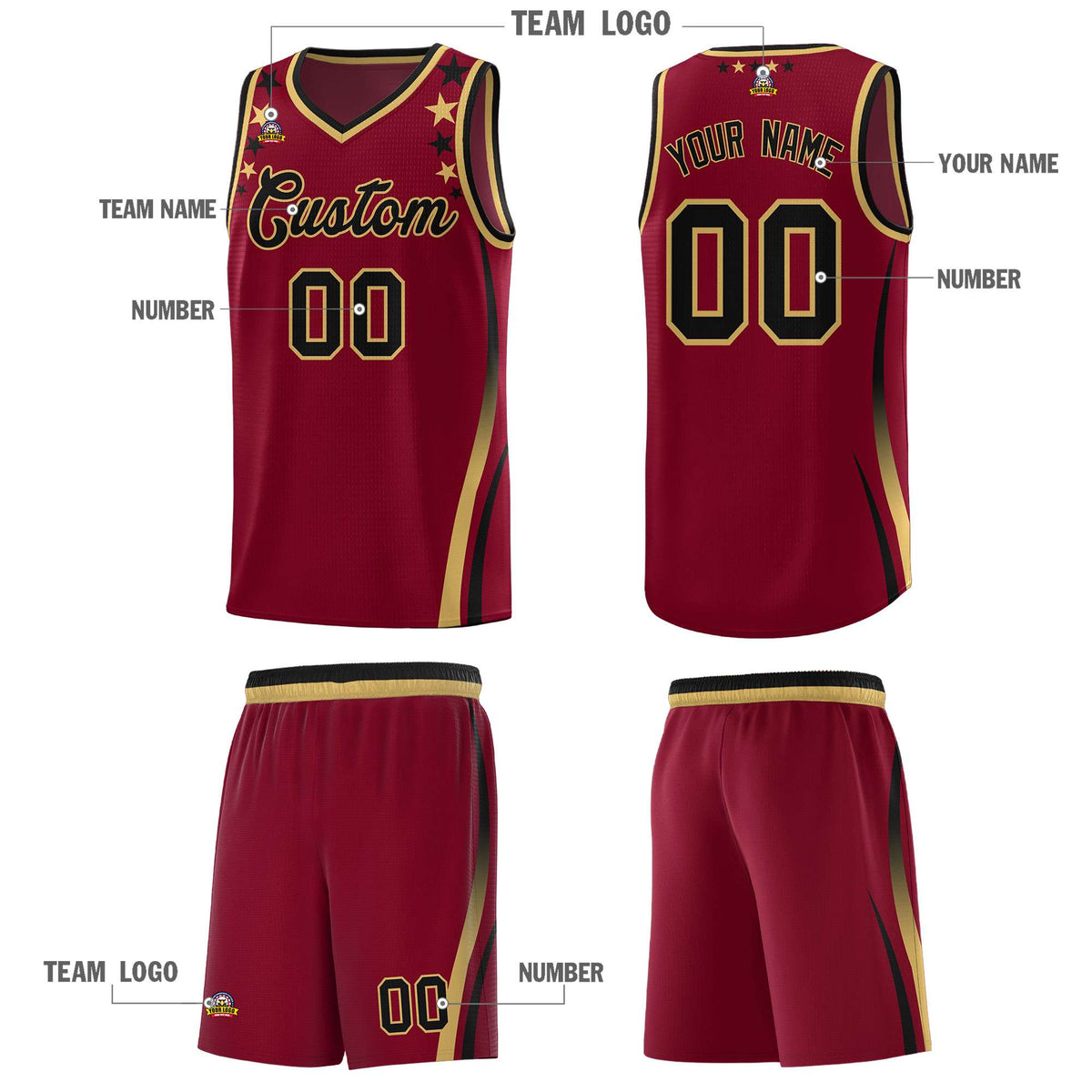 Custom Crimson Shoulders Star Pattern Side Color Block Sports Uniform Basketball Kits