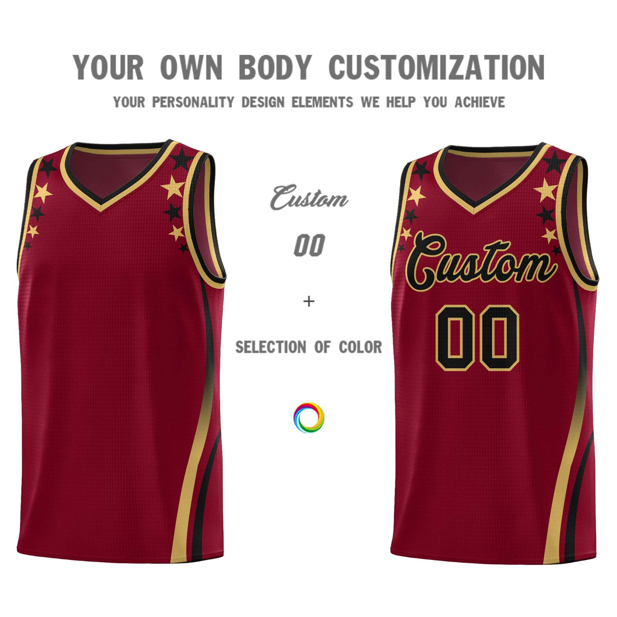 Custom Crimson Shoulders Star Pattern Side Color Block Sports Uniform Basketball Kits