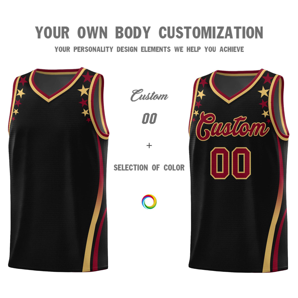 Custom Black Shoulders Star Pattern Side Color Block Sports Uniform Basketball Kits