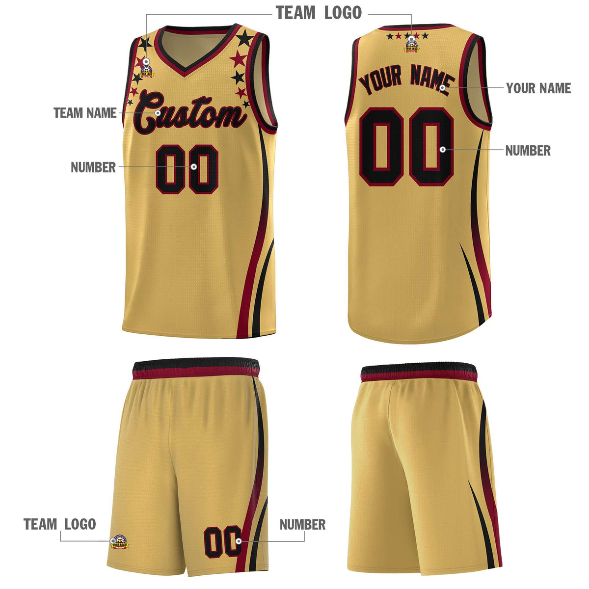 Custom Old Gold Shoulders Star Pattern Side Color Block Sports Uniform Basketball Kits