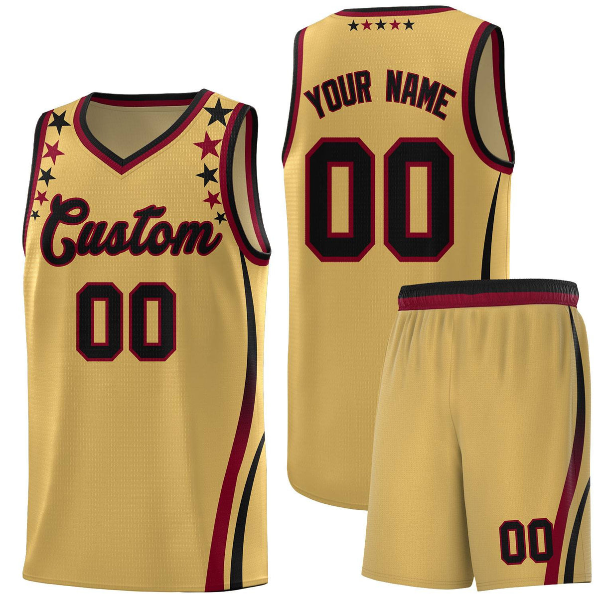 Custom Old Gold Shoulders Star Pattern Side Color Block Sports Uniform Basketball Kits