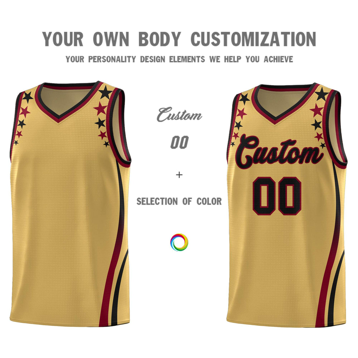 Custom Old Gold Shoulders Star Pattern Side Color Block Sports Uniform Basketball Kits