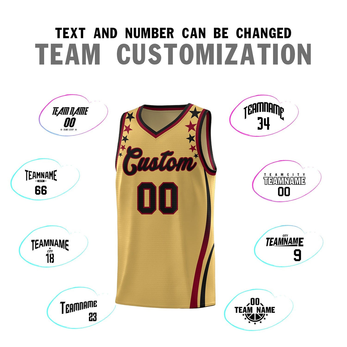 Custom Old Gold Shoulders Star Pattern Side Color Block Sports Uniform Basketball Kits