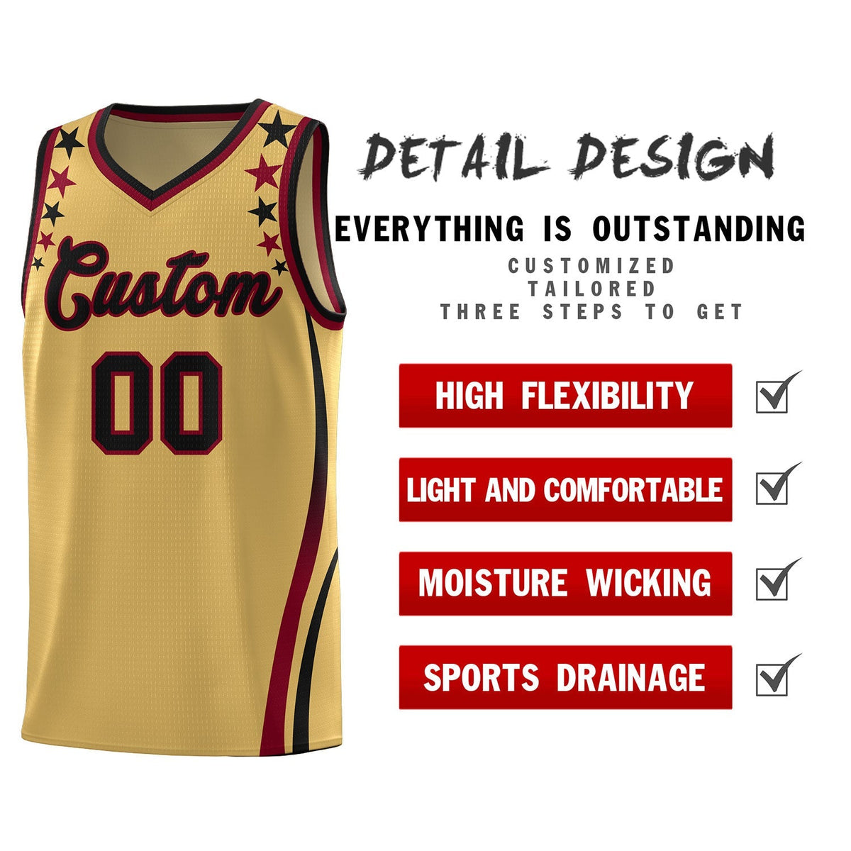 Custom Old Gold Shoulders Star Pattern Side Color Block Sports Uniform Basketball Kits