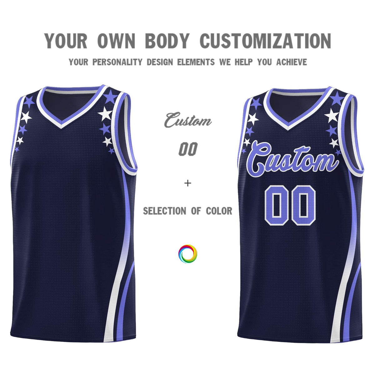 Custom Navy Shoulders Star Pattern Side Color Block Sports Uniform Basketball Kits