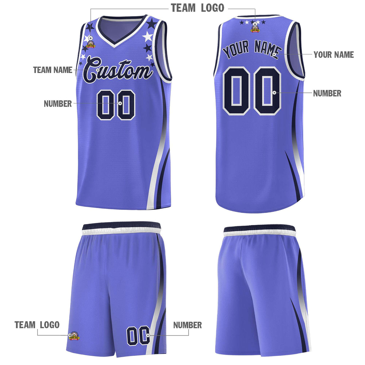 Custom Purple Shoulders Star Pattern Side Color Block Sports Uniform Basketball Kits