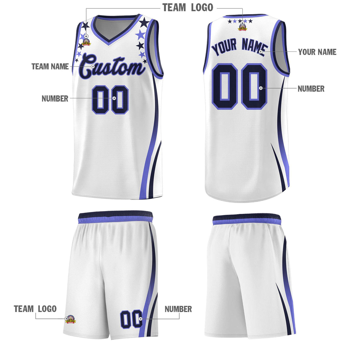 Custom White Shoulders Star Pattern Side Color Block Sports Uniform Basketball Kits