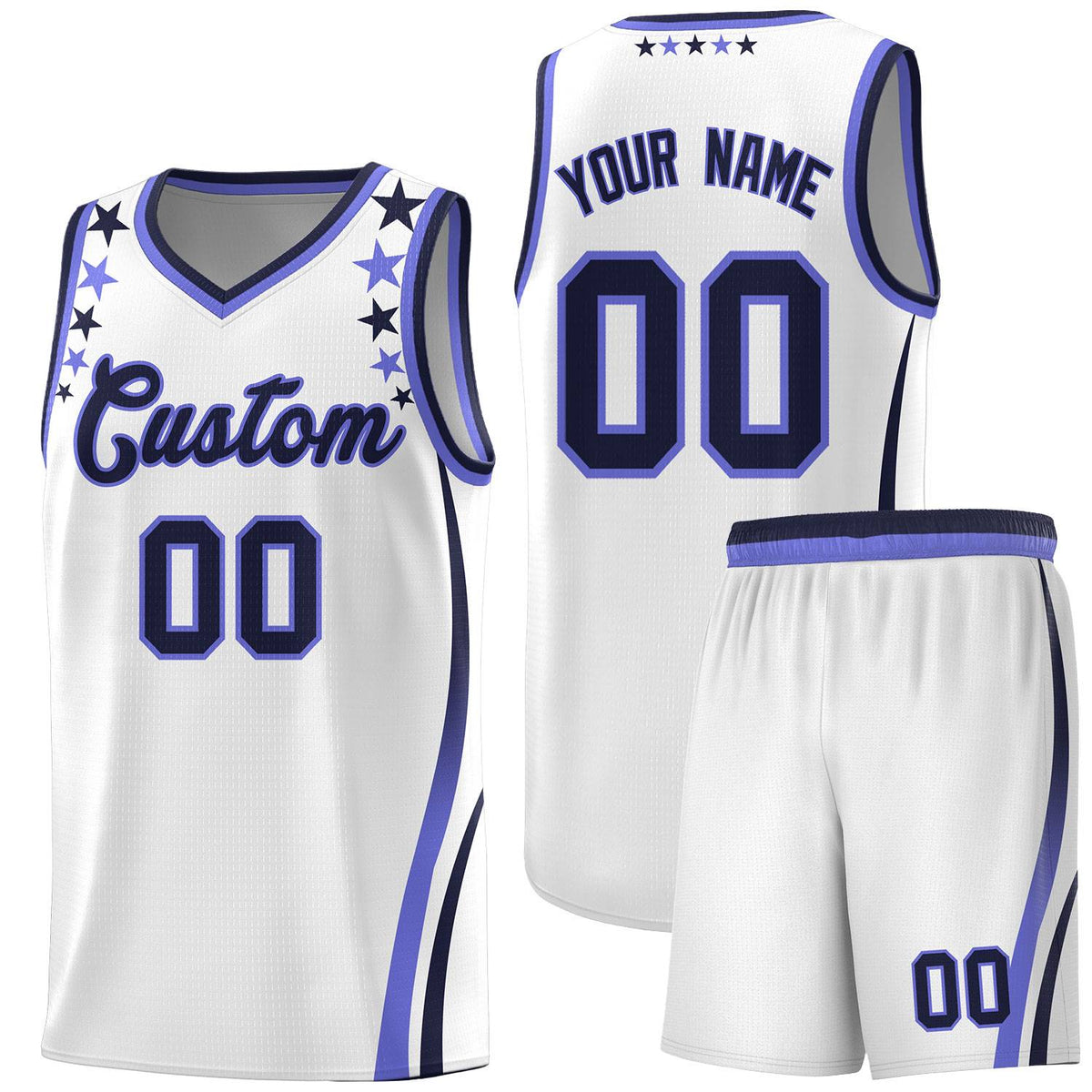 Custom White Shoulders Star Pattern Side Color Block Sports Uniform Basketball Kits