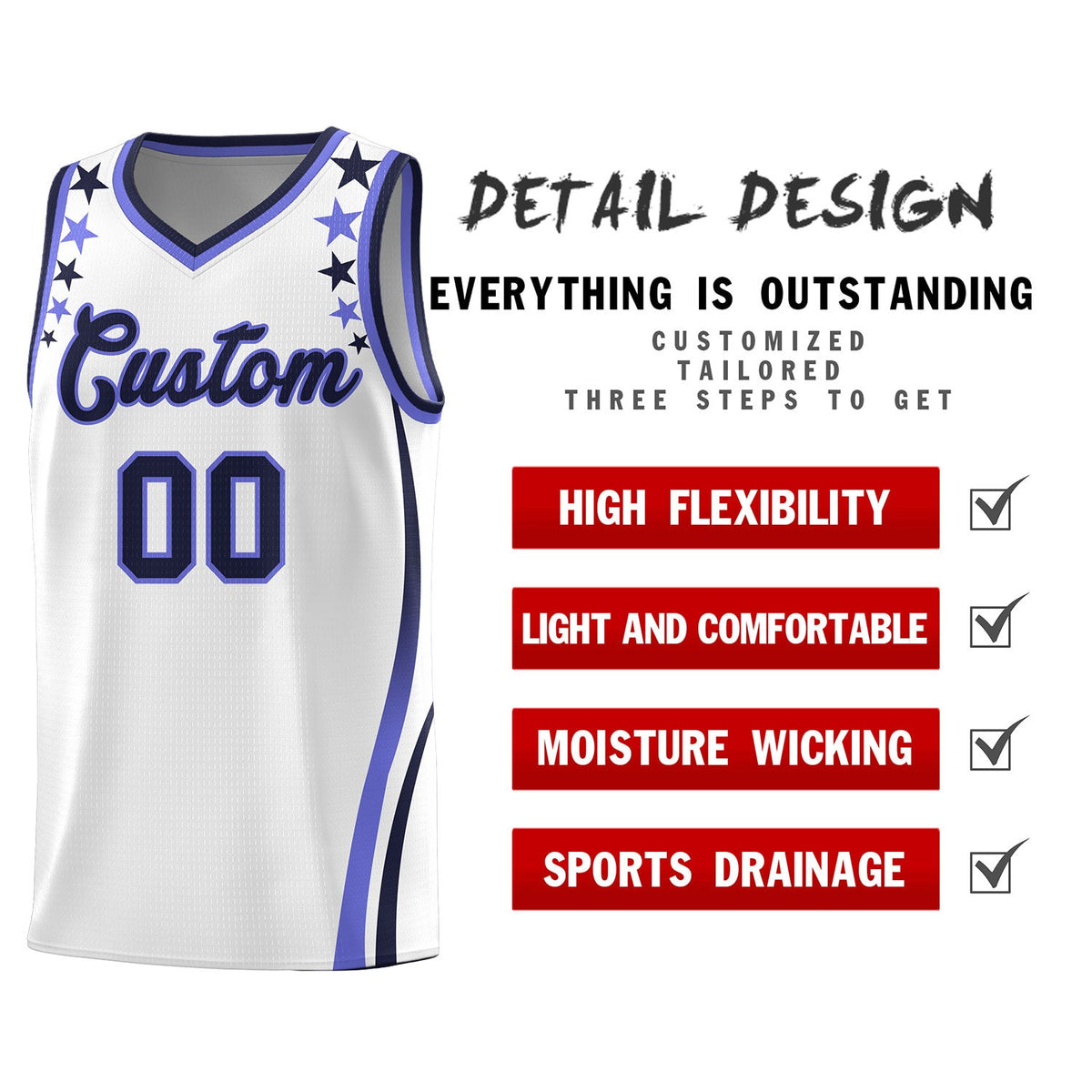 Custom White Shoulders Star Pattern Side Color Block Sports Uniform Basketball Kits