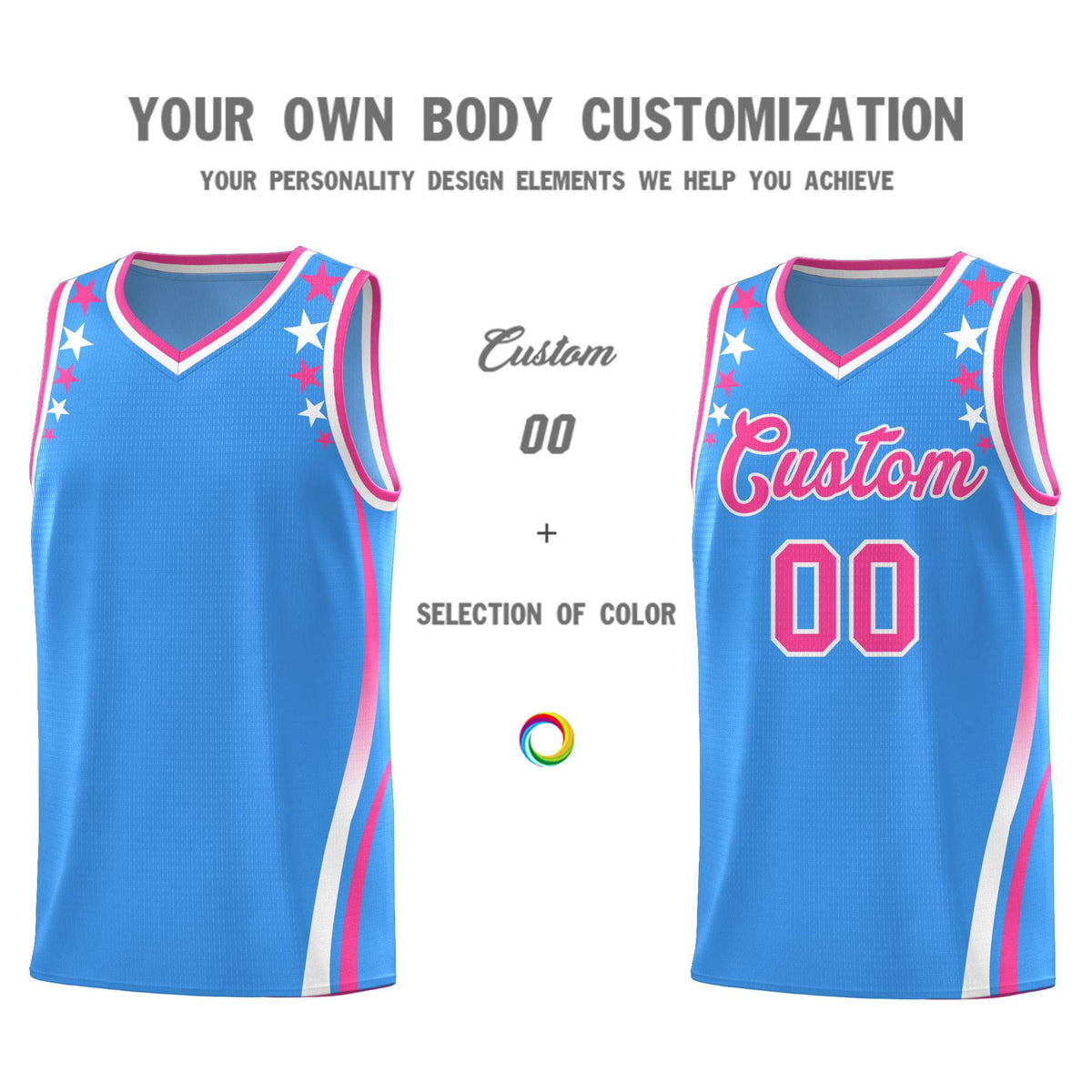 Custom Light Blue Shoulders Star Pattern Side Color Block Sports Uniform Basketball Kits