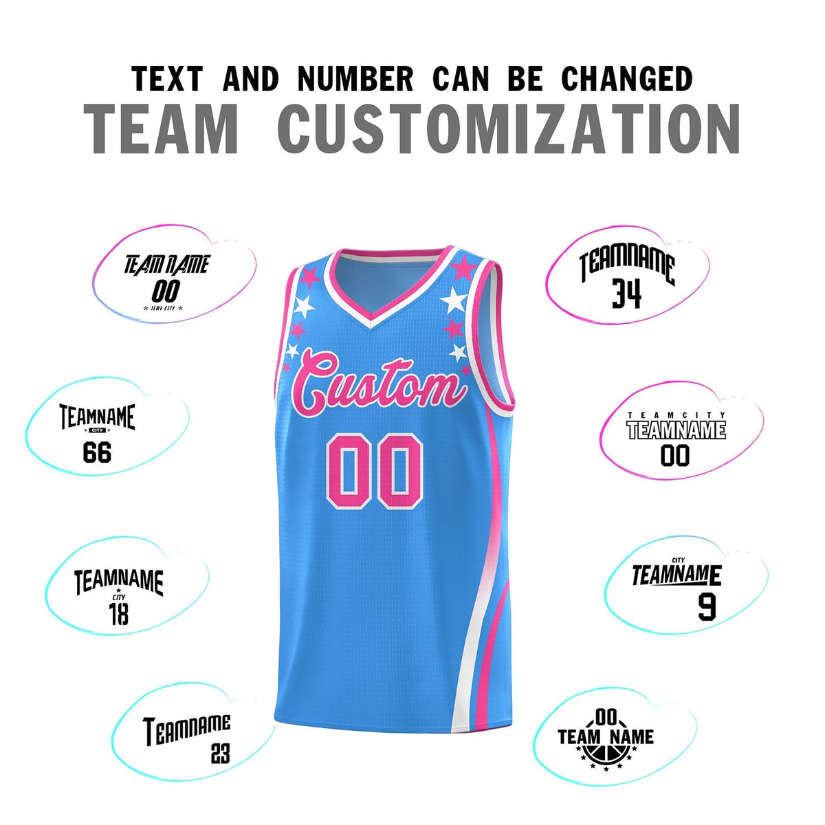 Custom Light Blue Shoulders Star Pattern Side Color Block Sports Uniform Basketball Kits