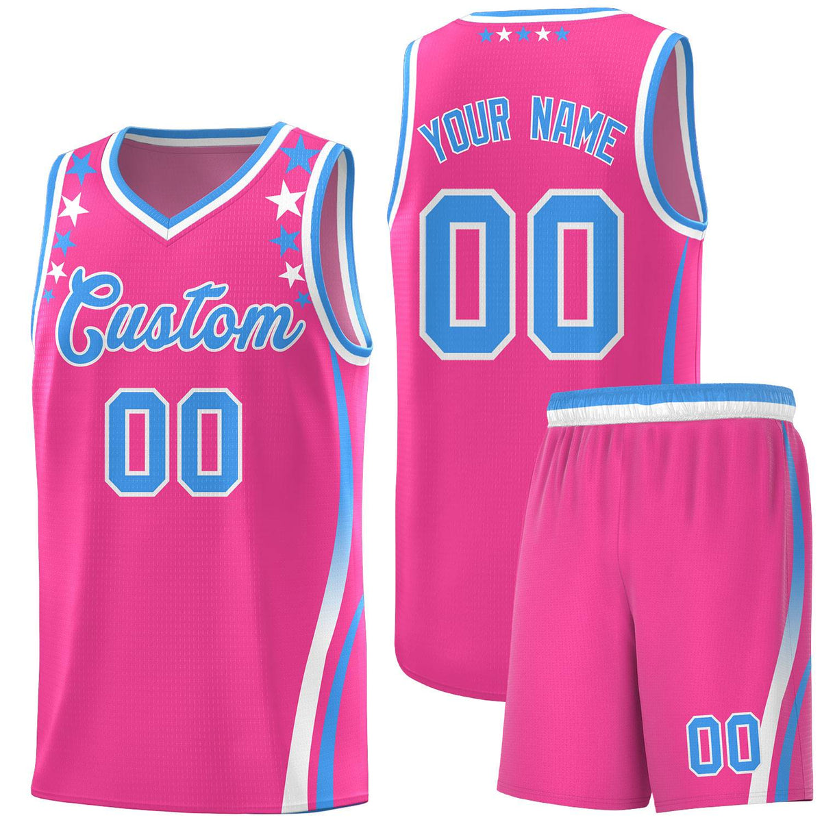 Custom Pink Shoulders Star Pattern Side Color Block Sports Uniform Basketball Kits
