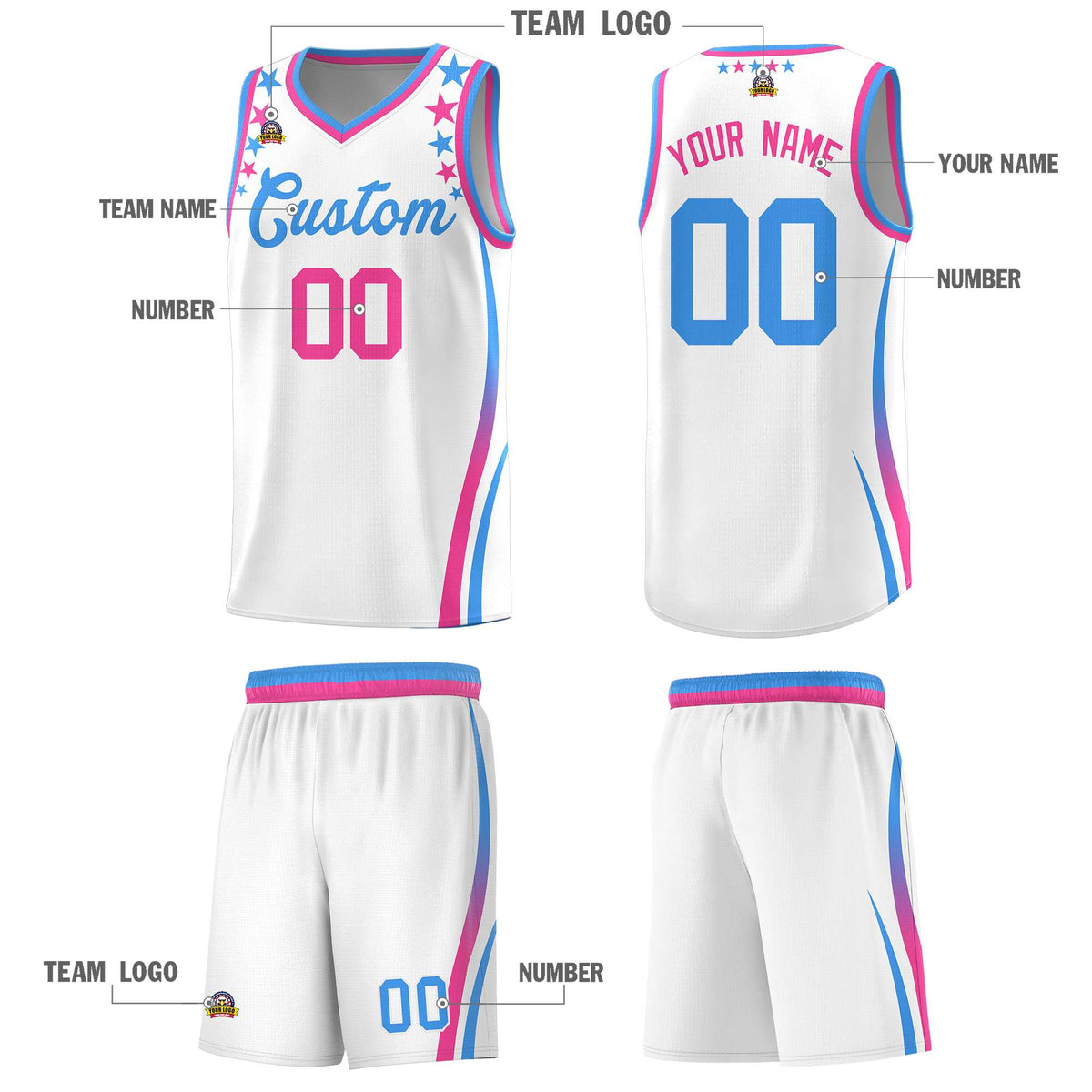 Custom White Shoulders Star Pattern Side Color Block Sports Uniform Basketball Kits