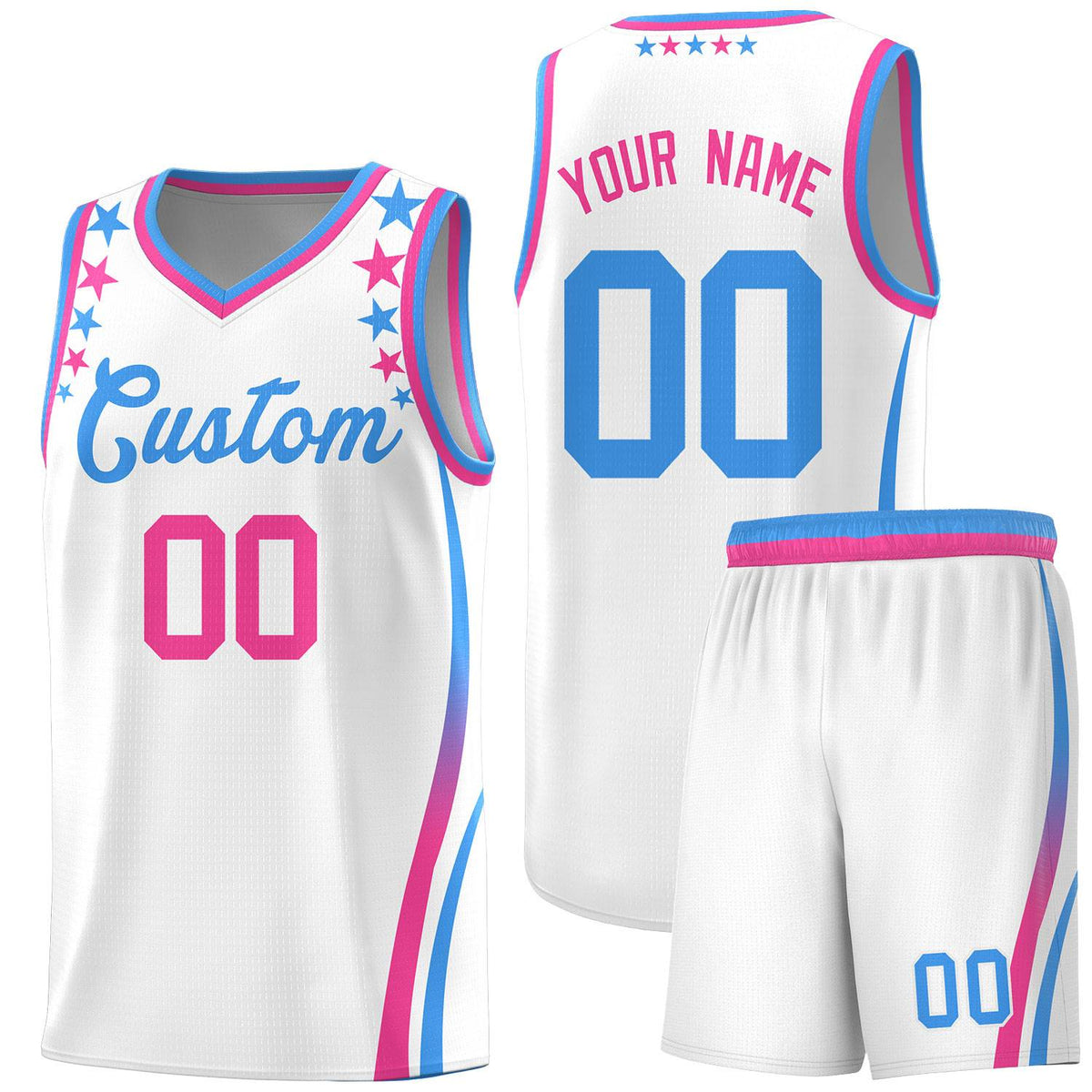 Custom White Shoulders Star Pattern Side Color Block Sports Uniform Basketball Kits