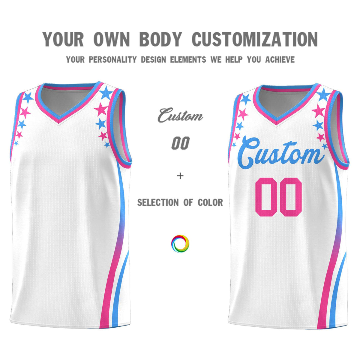 Custom White Shoulders Star Pattern Side Color Block Sports Uniform Basketball Kits