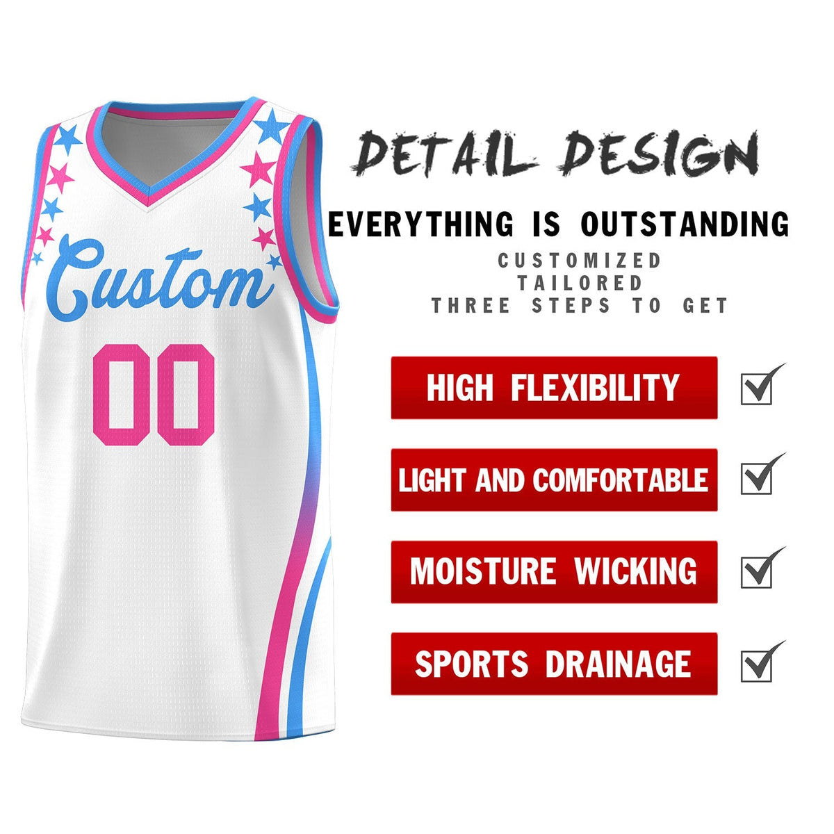 Custom White Shoulders Star Pattern Side Color Block Sports Uniform Basketball Kits