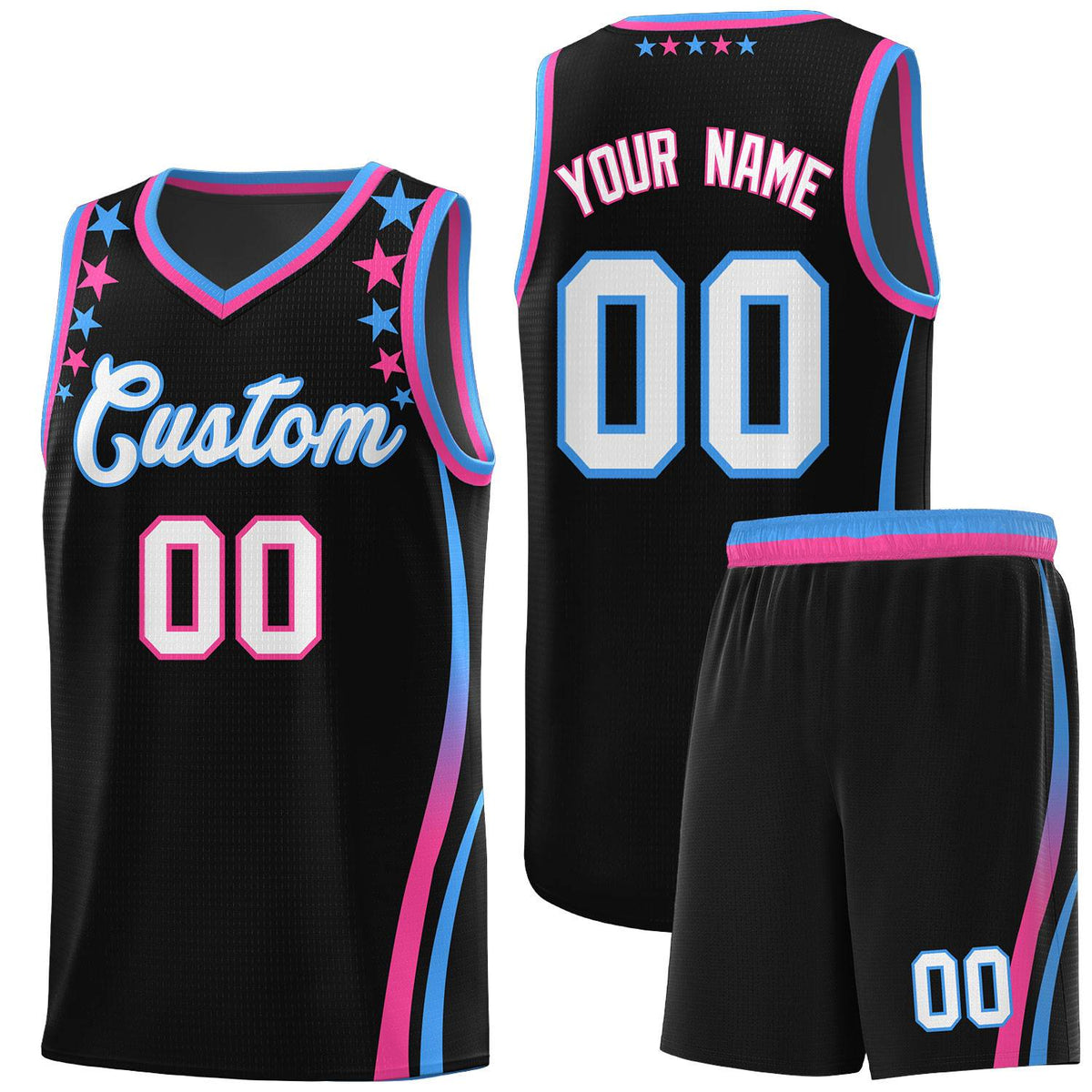 Custom Black Shoulders Star Pattern Side Color Block Sports Uniform Basketball Kits