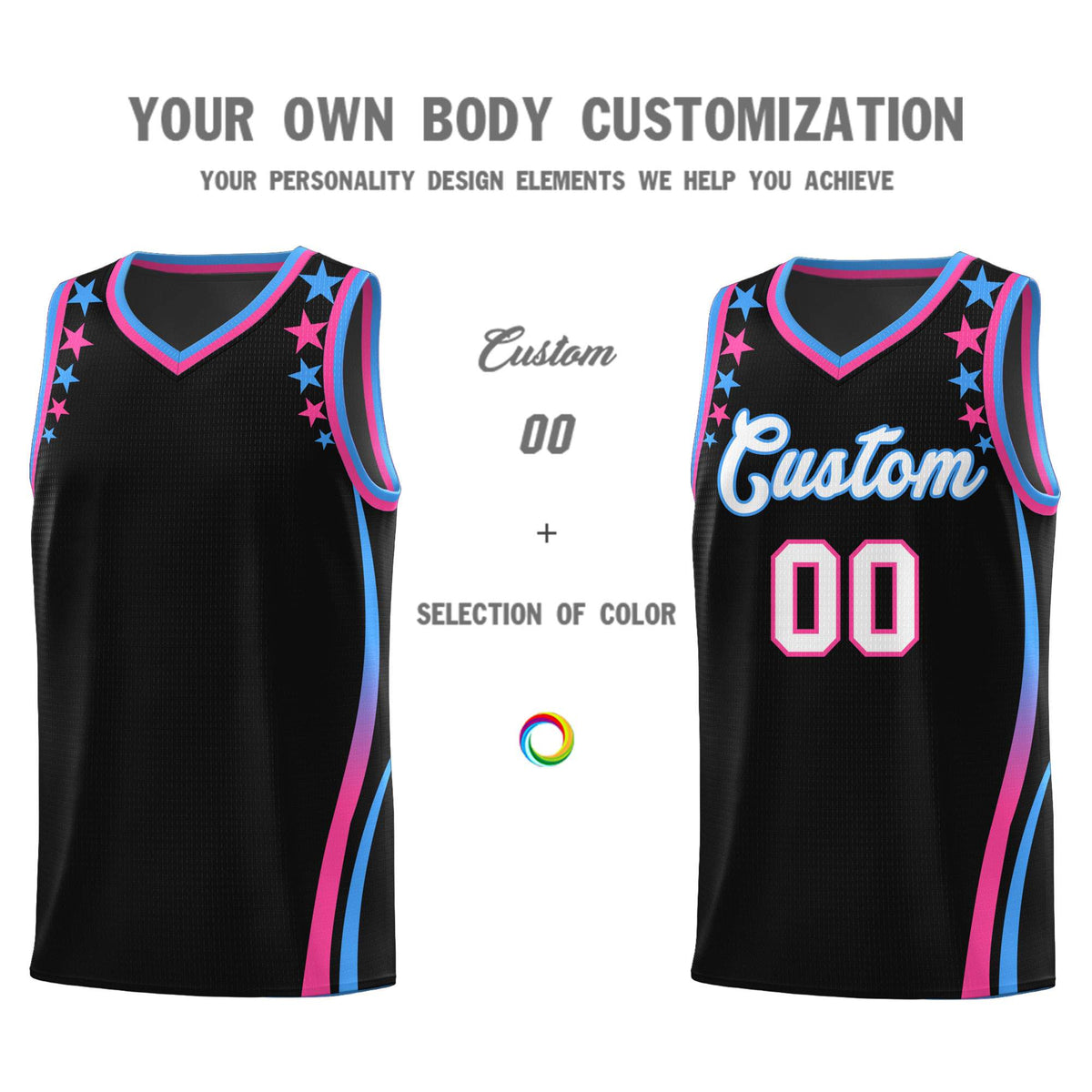 Custom Black Shoulders Star Pattern Side Color Block Sports Uniform Basketball Kits