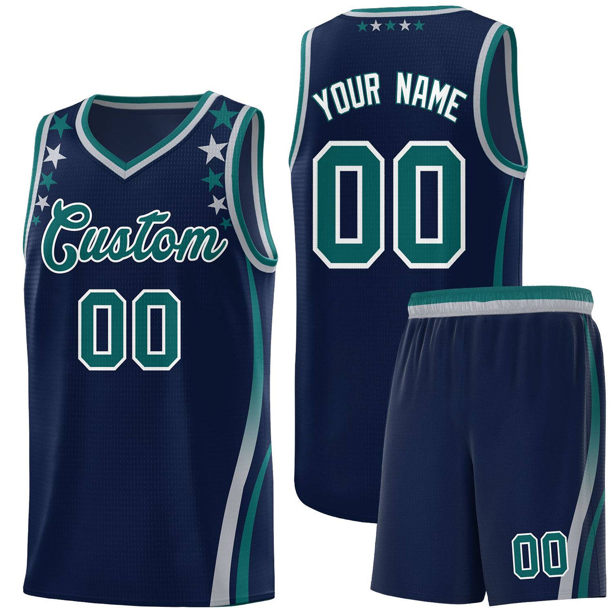 Custom Navy Shoulders Star Pattern Side Color Block Sports Uniform Basketball Kits