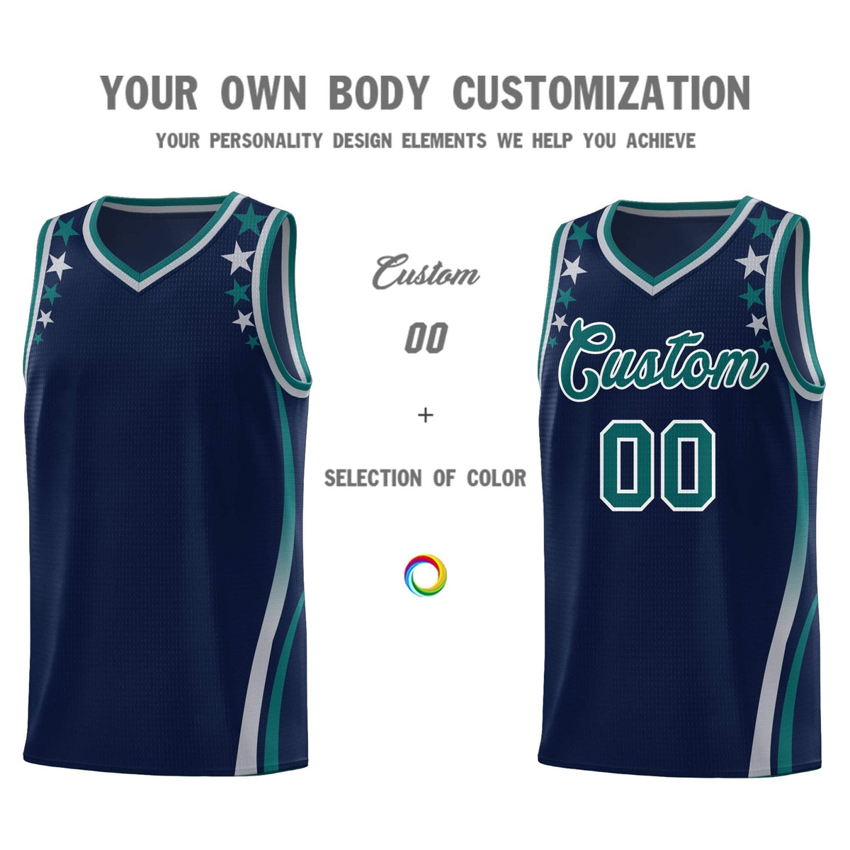Custom Navy Shoulders Star Pattern Side Color Block Sports Uniform Basketball Kits