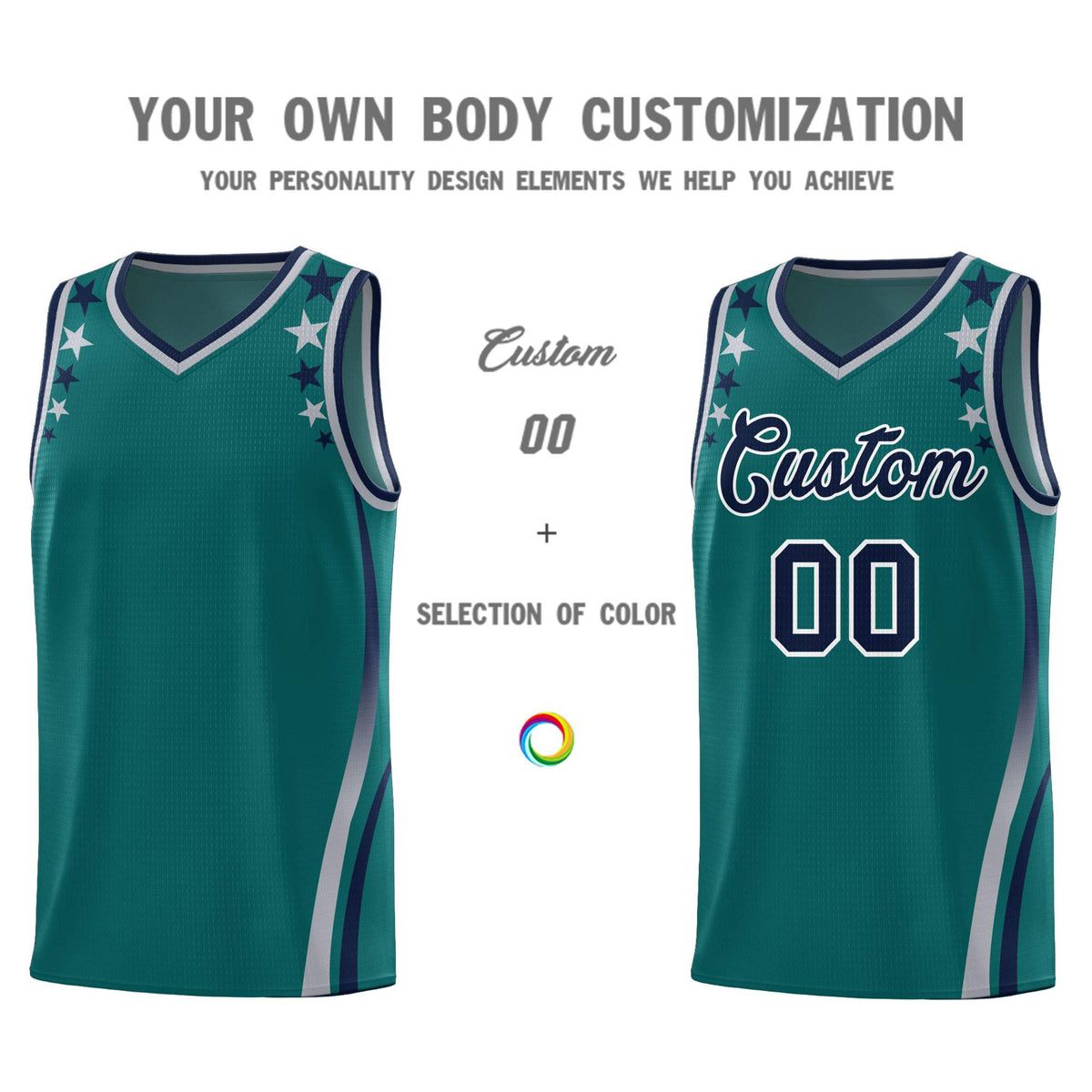 Custom Aqua Shoulders Star Pattern Side Color Block Sports Uniform Basketball Kits