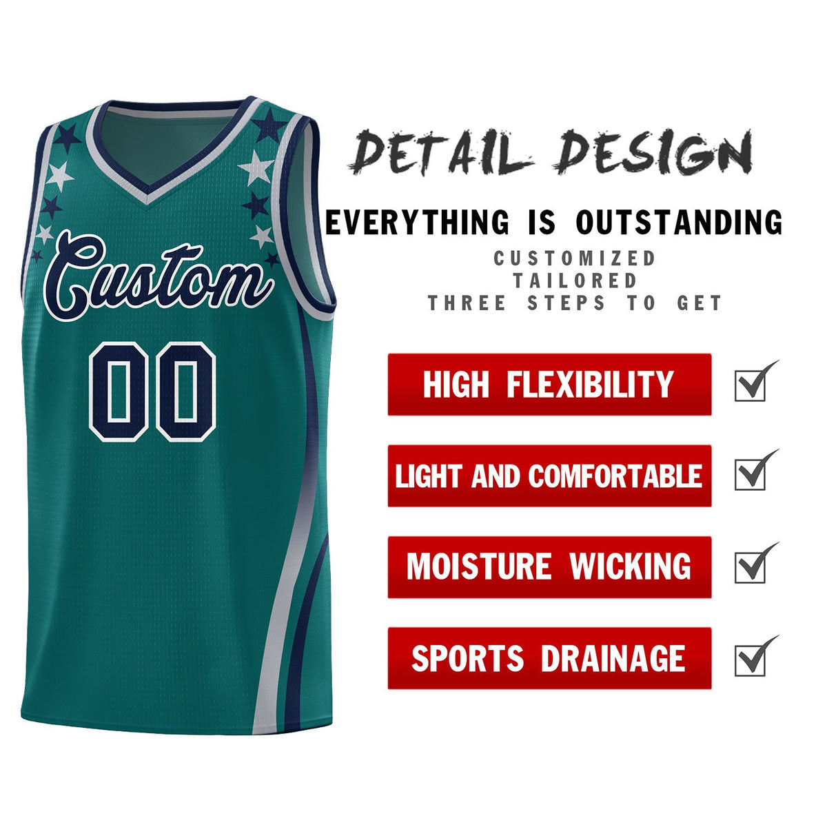 Custom Aqua Shoulders Star Pattern Side Color Block Sports Uniform Basketball Kits