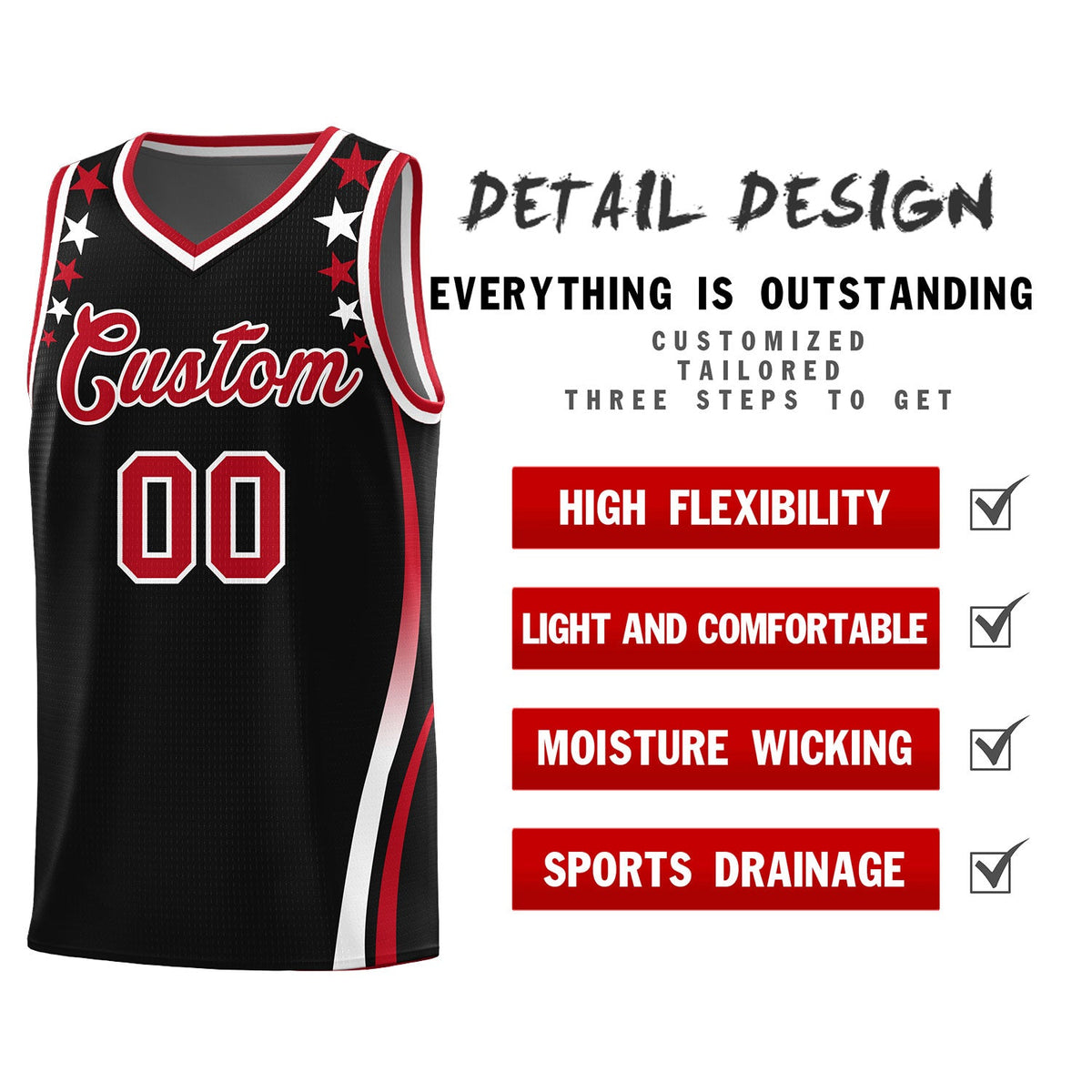 Custom Black Shoulders Star Pattern Side Color Block Sports Uniform Basketball Kits