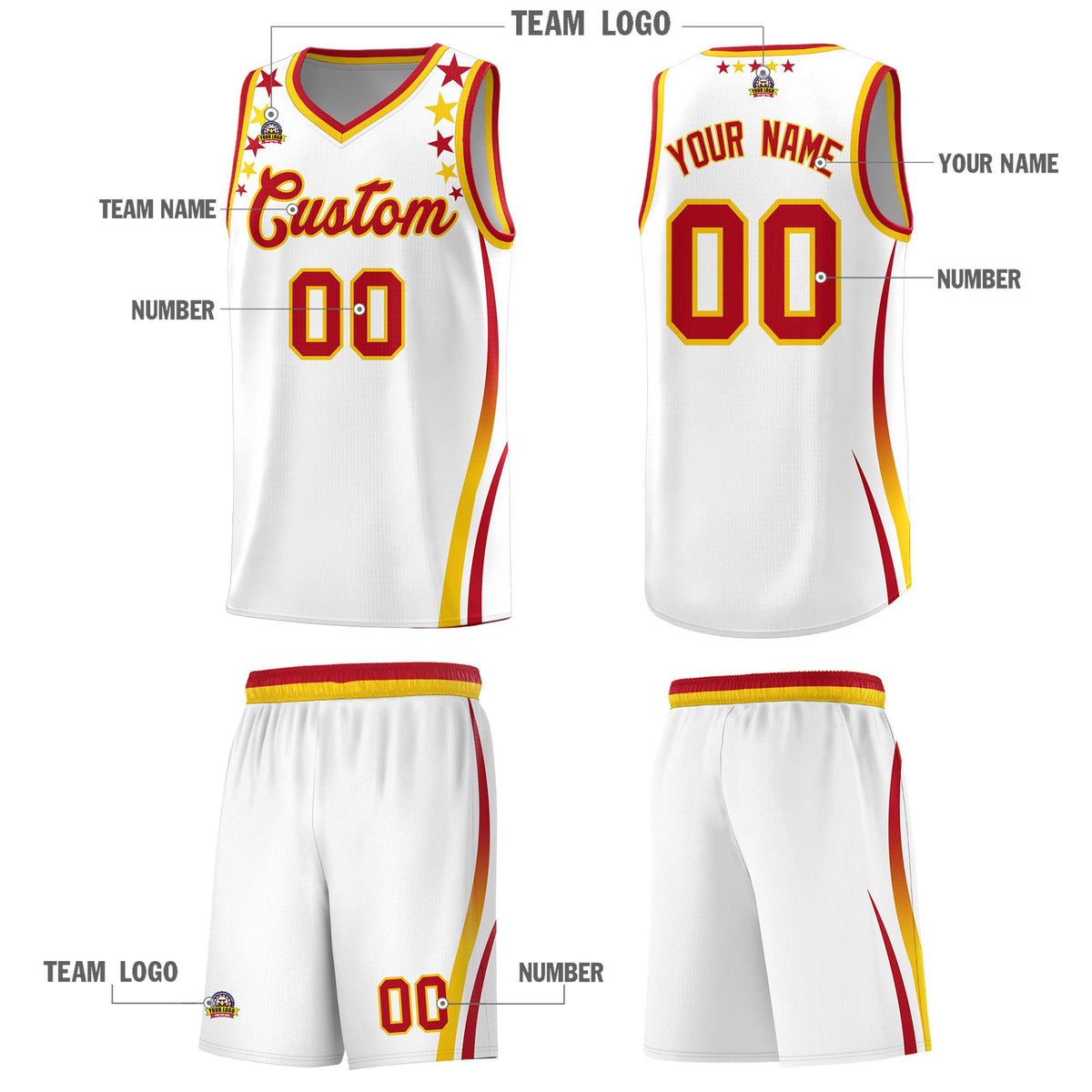 Custom White Shoulders Star Pattern Side Color Block Sports Uniform Basketball Kits